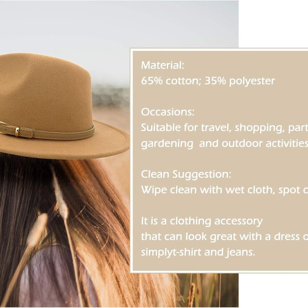 Women Classic Felt Fedora Wide Brim Hat with Belt Buckle - Picture 7 of 8